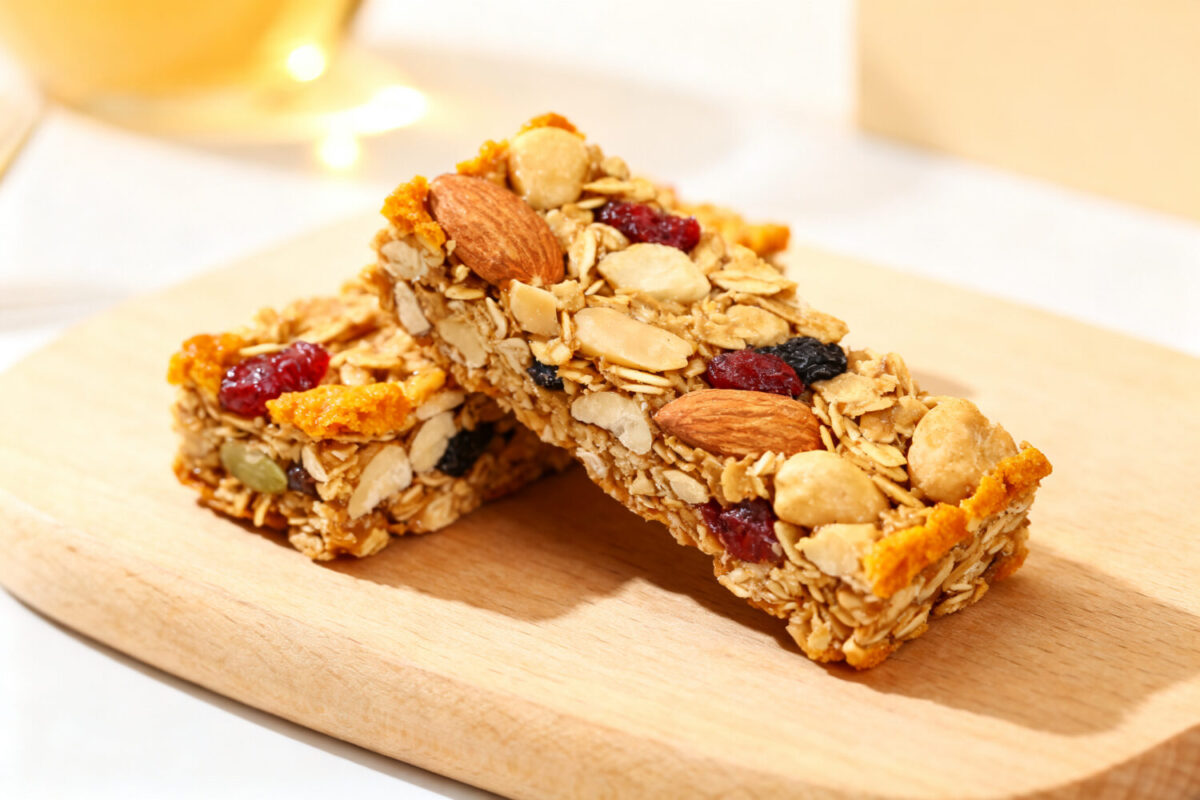 Air fryer granola bars with chewy rolled oats, almonds, mixed seeds, dried cranberries, and crunchy granola clusters, served as an easy homemade snack.