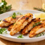 Air fryer chicken breast strips with juicy tender chicken, lightly crispy seasoned coating, fresh rosemary, parsley, and lemon wedges, served as an easy high protein dinner.