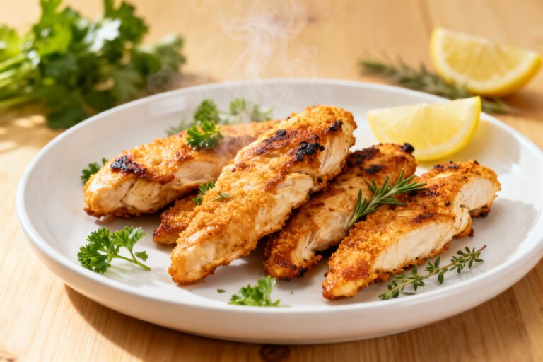 Air fryer chicken breast strips with juicy tender chicken, lightly crispy seasoned coating, fresh rosemary, parsley, and lemon wedges, served as an easy high protein dinner.
