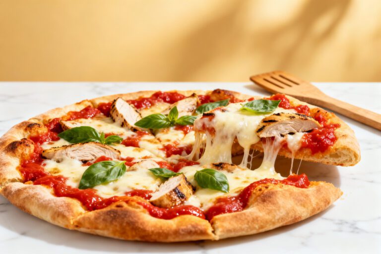 Air fryer pita pizza with a crispy pita crust, rich tomato sauce, melted mozzarella cheese, grilled chicken, and fresh basil, served as an easy homemade pizza.