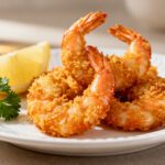 Air fryer panko shrimp with crispy golden panko breading, juicy tender shrimp, fresh parsley, and lemon wedges, served as an easy seafood appetizer.
