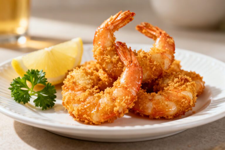 Air fryer panko shrimp with crispy golden panko breading, juicy tender shrimp, fresh parsley, and lemon wedges, served as an easy seafood appetizer.