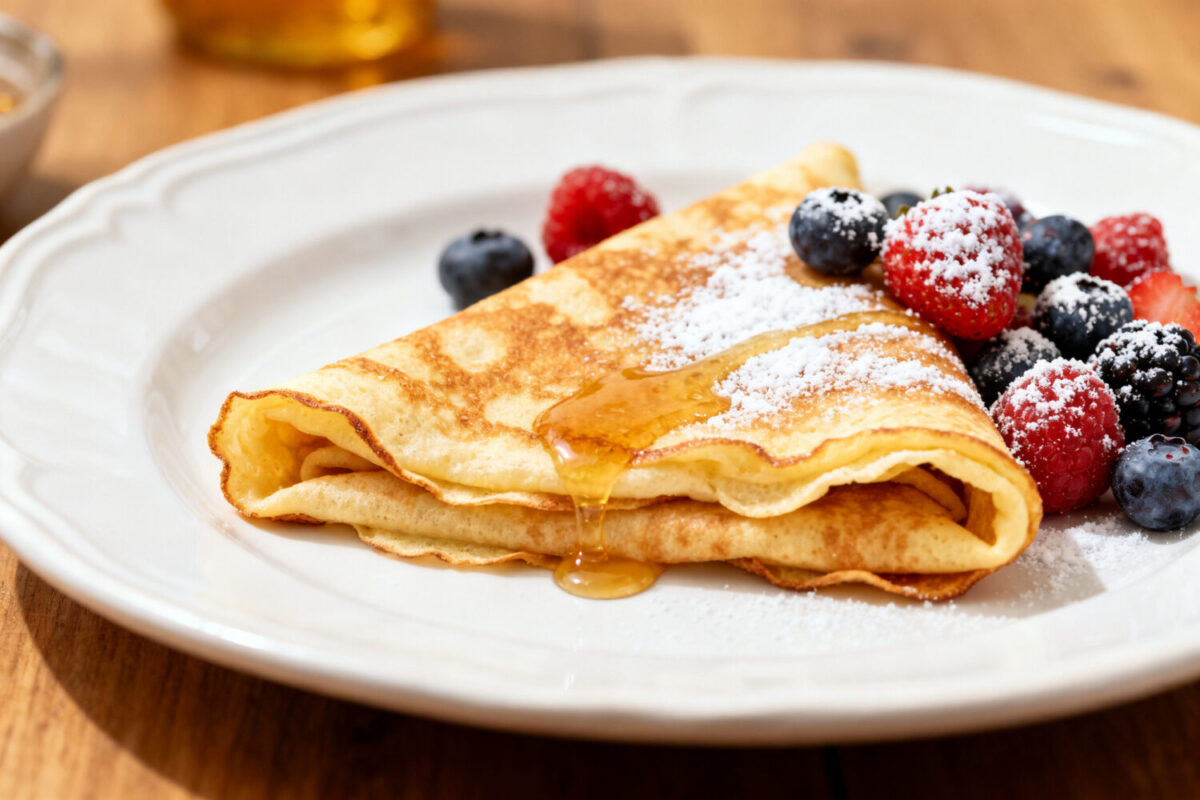 Air fryer crepes with thin tender golden crepes, powdered sugar, maple syrup, fresh strawberries, raspberries, blueberries, and blackberries, served as an easy homemade breakfast.