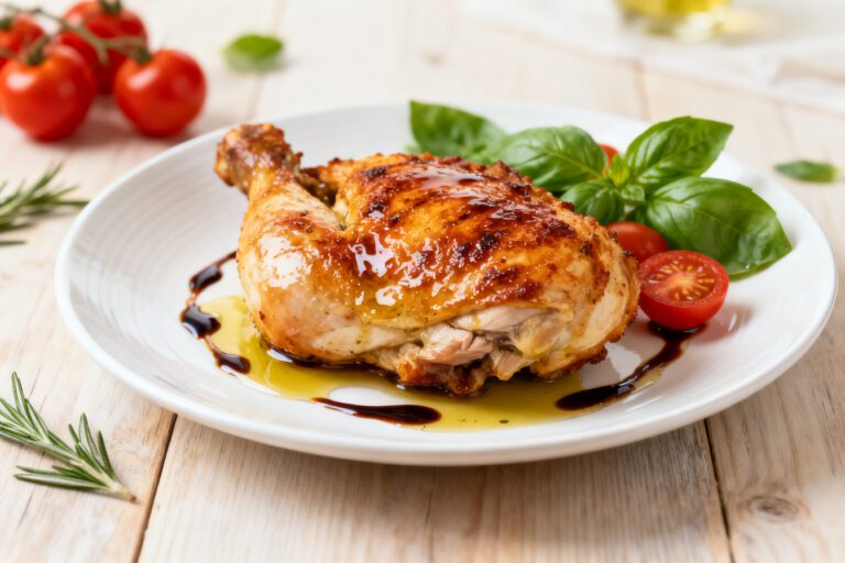 Air fryer Italian chicken with juicy roasted chicken, crispy golden skin, fresh basil, cherry tomatoes, rosemary, and a balsamic glaze, served as an easy Italian inspired dinner.