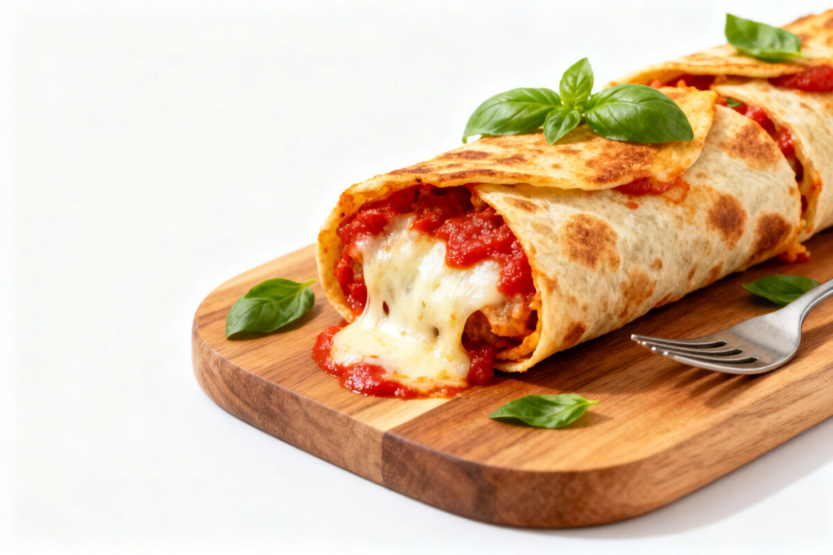 Air fryer pizza tortilla rolls with crispy golden tortillas, gooey melted mozzarella cheese, rich pizza sauce, fresh basil, and a savory filling, served as an easy homemade snack.