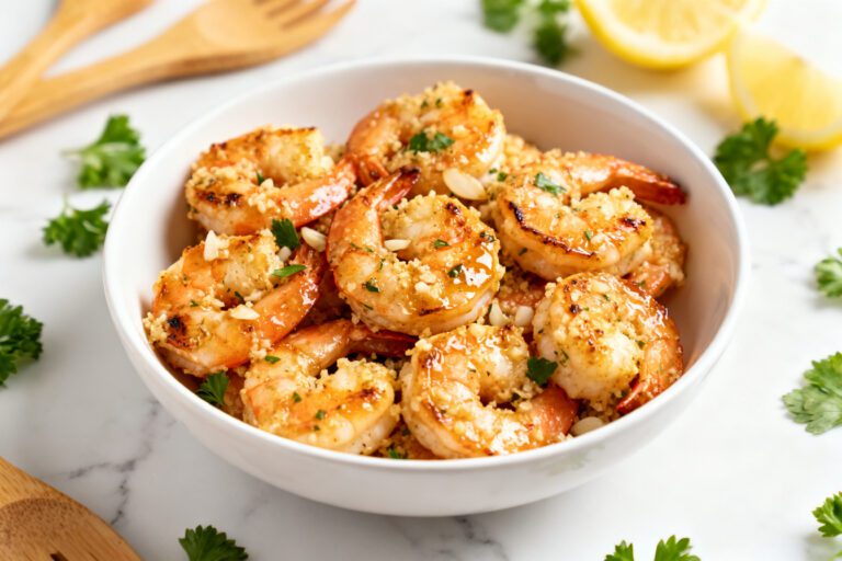 Air fryer garlic Parmesan shrimp with juicy tender shrimp, roasted garlic, grated Parmesan cheese, fresh parsley, and lemon wedges, served as an easy high protein seafood dinner.