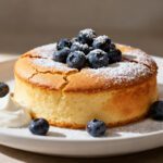 Air fryer yogurt cake with a light fluffy golden crumb, fresh blueberries, powdered sugar, and a dollop of whipped cream, served as an easy homemade dessert.
