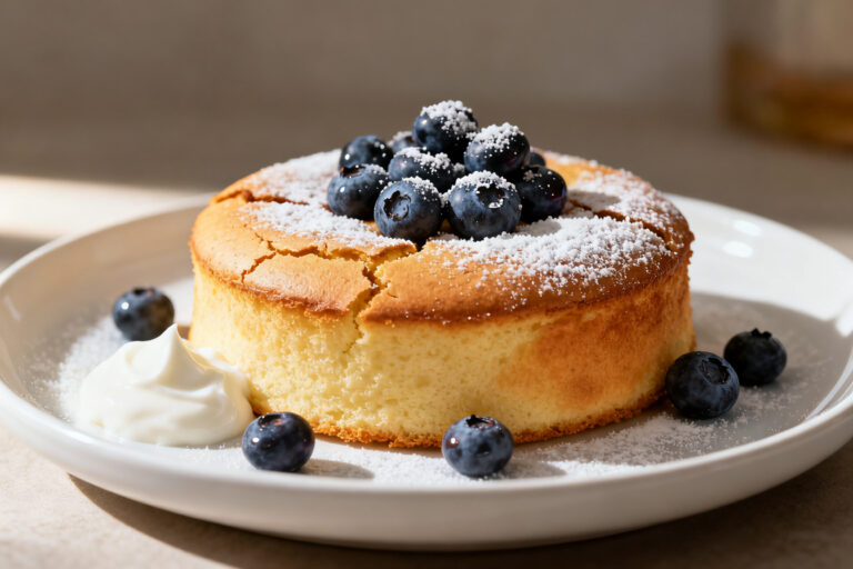 Air fryer yogurt cake with a light fluffy golden crumb, fresh blueberries, powdered sugar, and a dollop of whipped cream, served as an easy homemade dessert.
