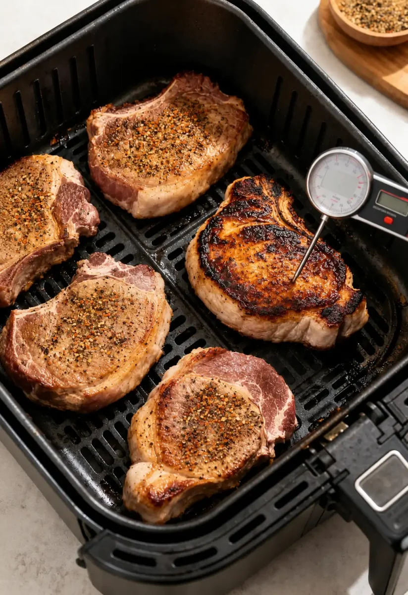 Cooking process: Overhead shot of seasoned pork chops arranged in a single layer in a preheated air