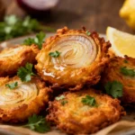Air fryer onion fritters with crispy golden batter, tender onion rings, fresh parsley garnish, and lemon wedges, served as a light and flavorful appetizer or snack.