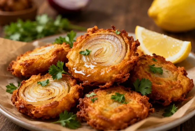 Air fryer onion fritters with crispy golden batter, tender onion rings, fresh parsley garnish, and lemon wedges, served as a light and flavorful appetizer or snack.