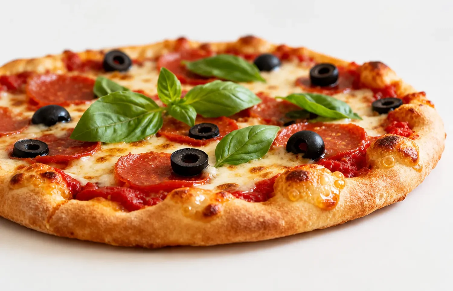 Air fryer low carb pizza with a crispy golden keto friendly crust, melted mozzarella cheese, pepperoni, black olives, fresh basil, and rich tomato sauce, served as a satisfying low carb dinner.