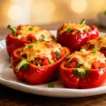 Air fryer easy stuffed bell peppers with tender roasted red bell peppers, savory filling, melted cheese, and fresh green onions, served as a comforting weeknight dinner.