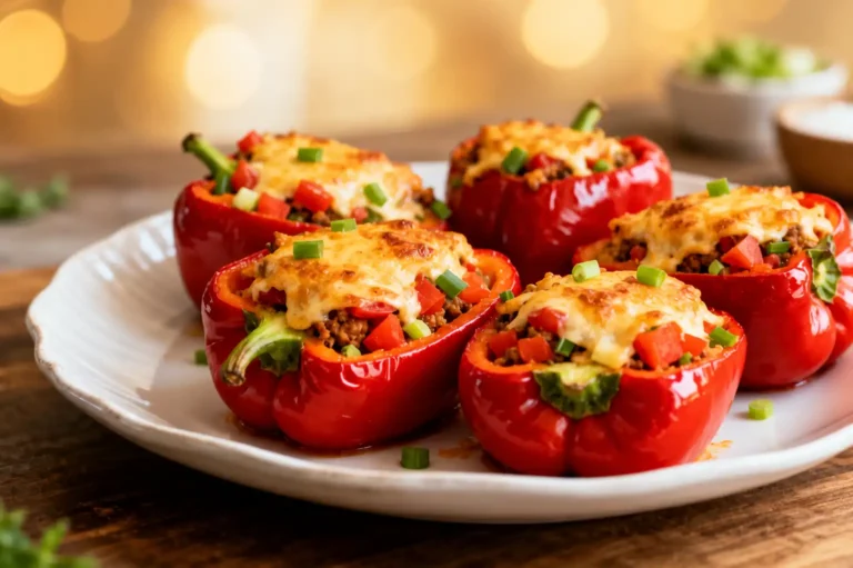 Air fryer easy stuffed bell peppers with tender roasted red bell peppers, savory filling, melted cheese, and fresh green onions, served as a comforting weeknight dinner.