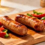 Air fryer brats and peppers with juicy browned bratwurst sausages, roasted red and green bell peppers, and caramelized edges, served as a quick and flavorful weeknight dinner.