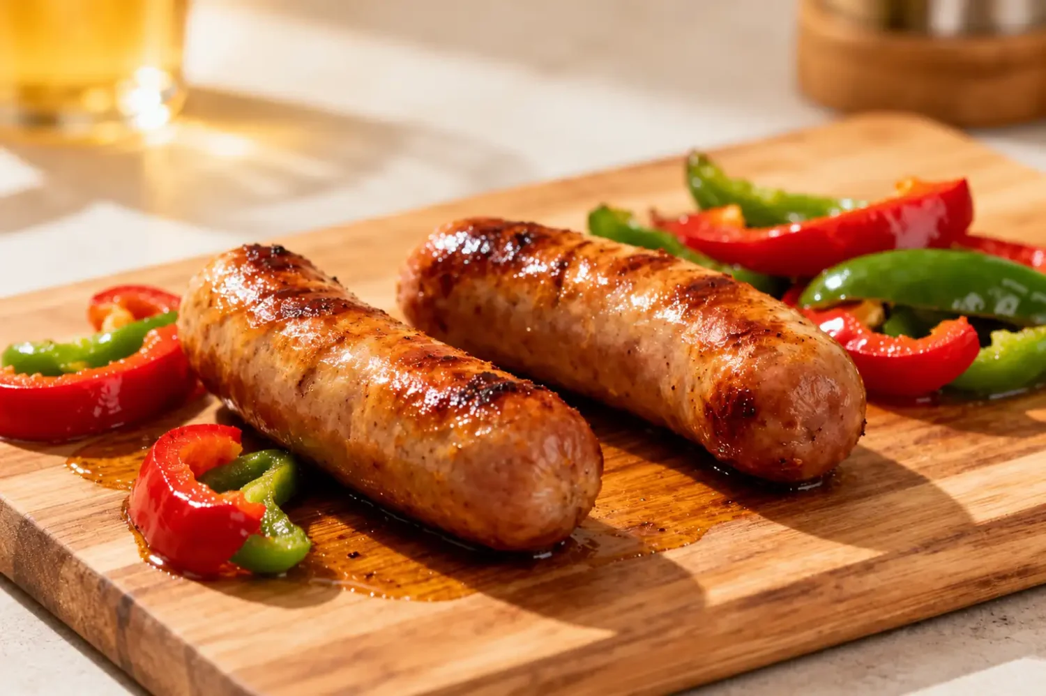 Air fryer brats and peppers with juicy browned bratwurst sausages, roasted red and green bell peppers, and caramelized edges, served as a quick and flavorful weeknight dinner.