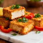 Air fryer panko crusted tofu with crispy golden panko coating, tender tofu centers, fresh parsley, red bell pepper slices, and lemon wedges, served as a light and flavorful vegetarian meal.