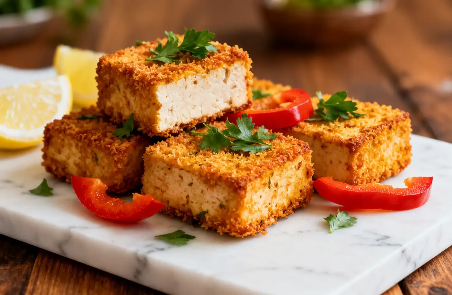 Air fryer panko crusted tofu with crispy golden panko coating, tender tofu centers, fresh parsley, red bell pepper slices, and lemon wedges, served as a light and flavorful vegetarian meal.