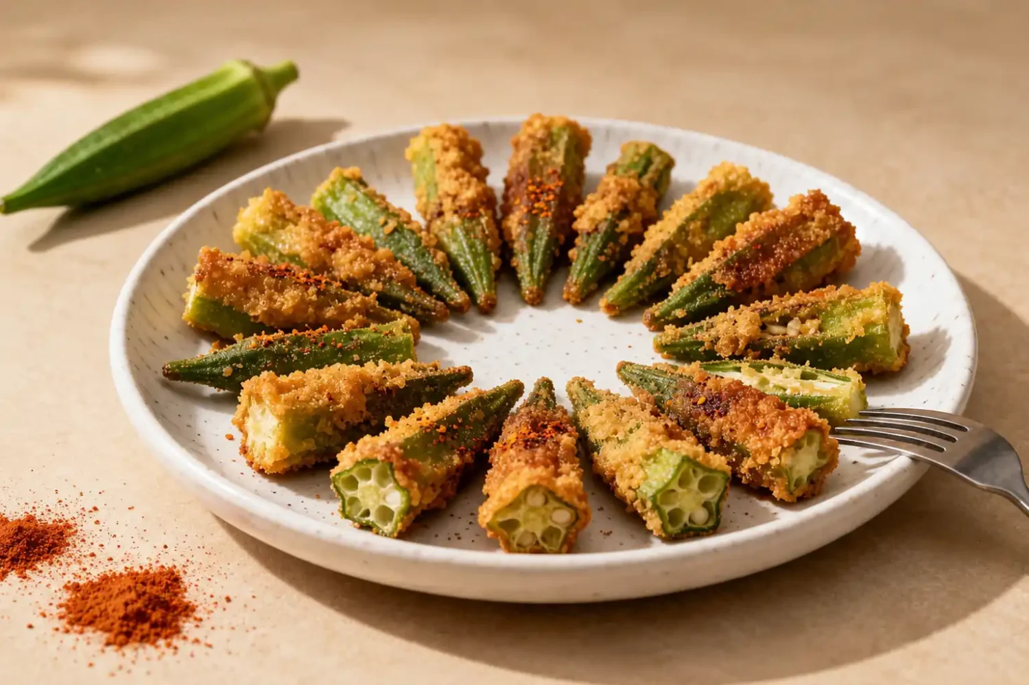 Air fryer keto fried okra with crispy golden low carb coating, tender okra centers, and savory seasoning, served as a crunchy keto friendly appetizer, snack, or Southern inspired side dish.