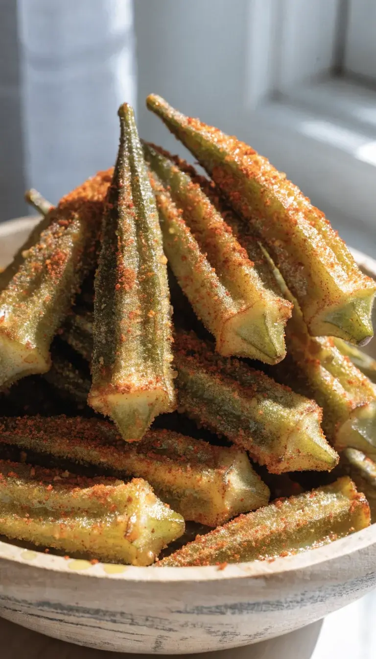 Crunchy air-fried okra close-up: a high-contrast macro shot of a heaping handful of golden-green frozen okra straight from the air fryer, lightly misted with olive oil spray. Include a dusting of paprika and garlic powder visible on the pods, with a subtle cornmeal crust catching the light. Use natural window light, a clean white or light wood background, and a shallow depth of field to blur the background while keeping the texture and tiny ridges on each okra pod in sharp focus.