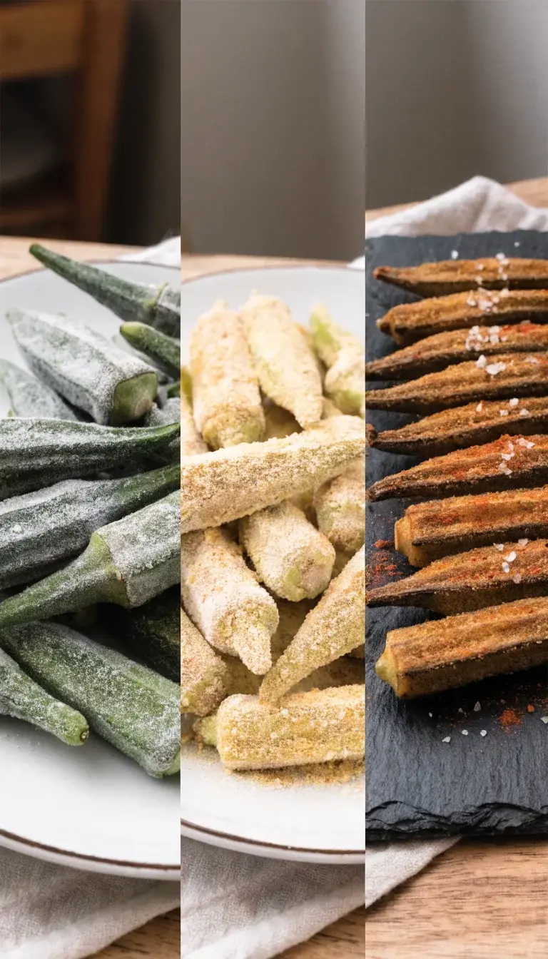 Process shot montage (sequence within one frame): a three-panel presentation showing step-by-step: (a) frozen okra straight from the bag, no thaw; (b) lightly oiled or sprayed with olive oil with a sprinkling of breading/cornmeal; (c) finished crispy okra fresh from the air fryer, arranged in a neat line on a slate or wooden board with a sprinkle of salt and paprika, all lit with soft, natural daylight. Use consistent styling across panels, with crisp textures, subtle shadows, and a neutral background to keep attention on the texture and color transitions.