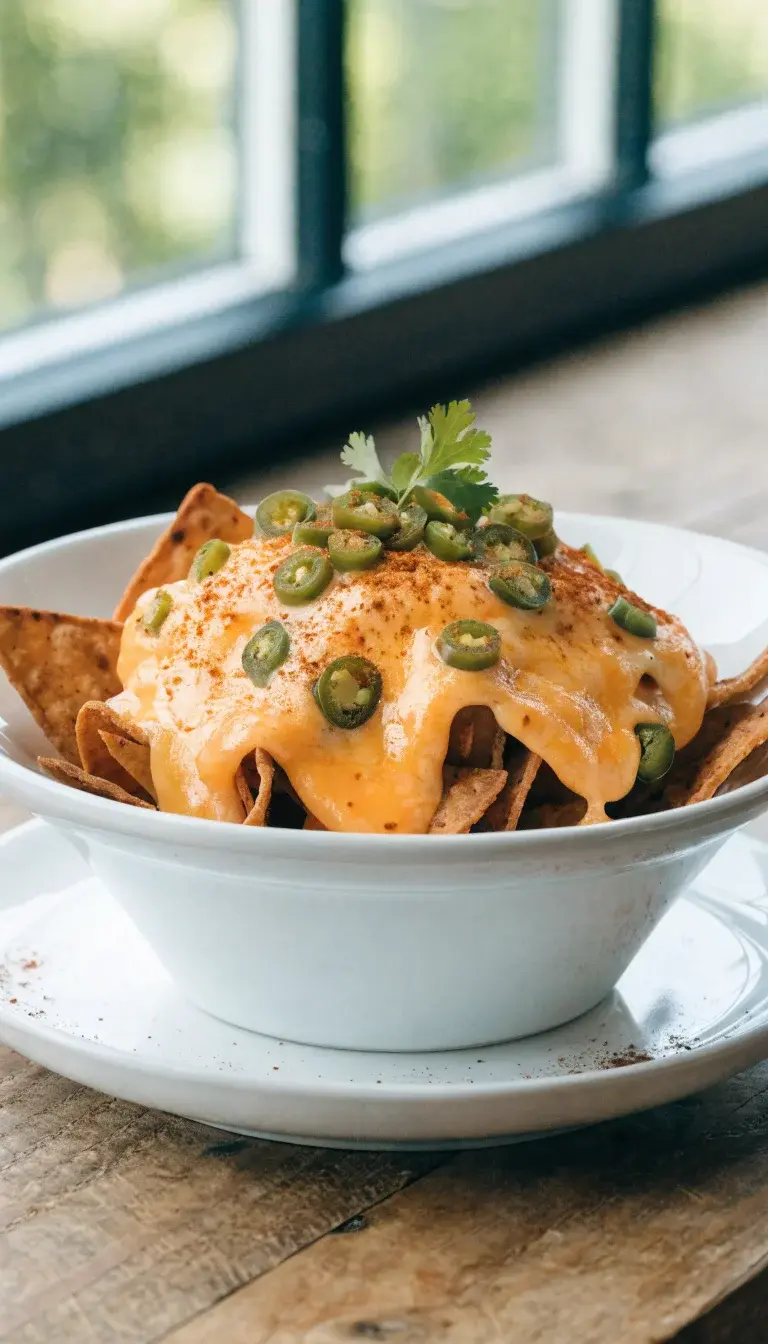 A close-up hero shot of a loaded air-fried nachos bowl: thick-cut tortilla chips crisped to a golden edges, a melted cheese veil with a cheddar–Monterey Jack blend and a hint of queso fresco shimmering on top. Garnish with finely diced fresh jalapeños, a dusting of chili powder, and a sprig of cilantro. Shot from a slight downward angle to emphasize stacked toppings, natural daylight from a side window, clean white plate on a rustic wooden surface, minimal shadows.