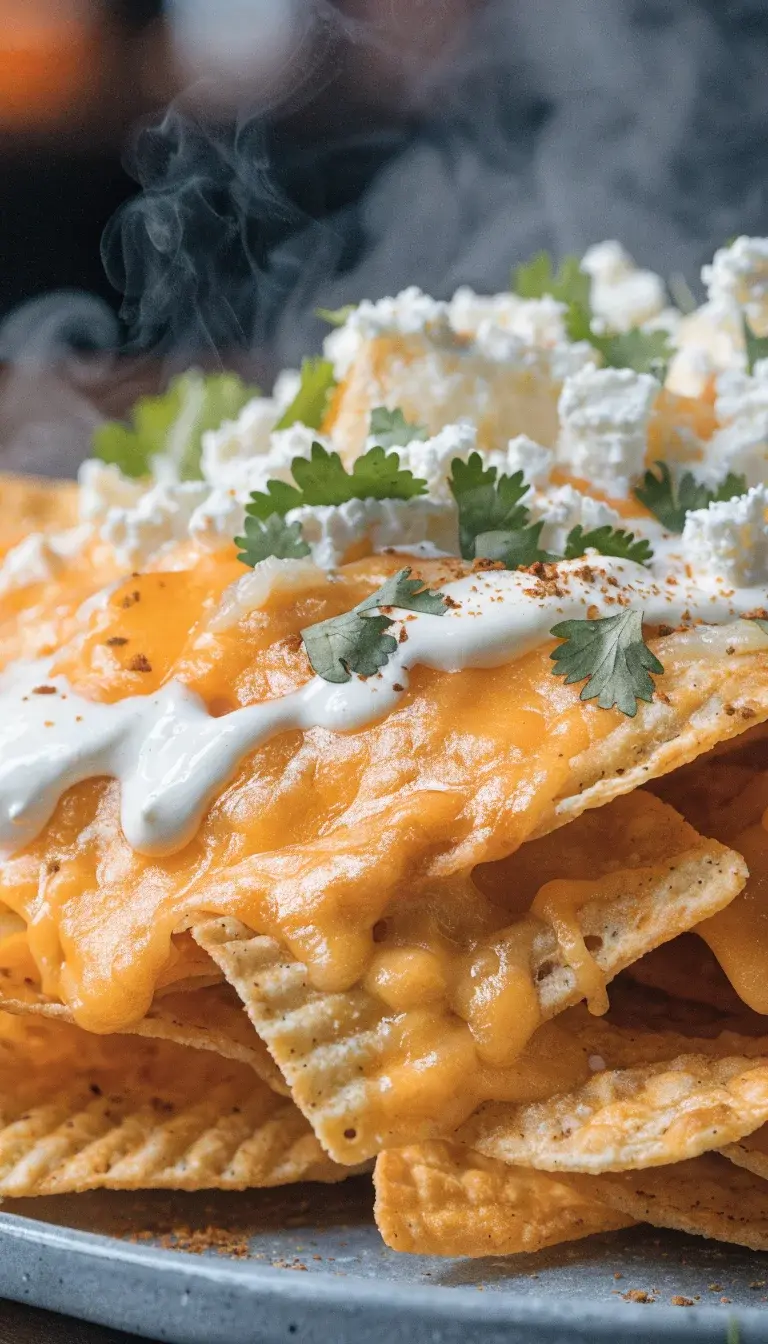 Textural macro scene highlighting textures and garnishes: torn cilantro leaves dusted lightly over a cheddar–Monterey Jack melt with crumbled queso fresco for brightness, a drizzle of sour cream along the chip ridges, and a sprinkle of ground cumin or paprika for color. Capture the glossy cheese, crisp chip surfaces, and the slight fog of steam rising, shot at a slight 45-degree angle with a shallow depth of field to isolate the toppings, on a clean slate-gray plate.