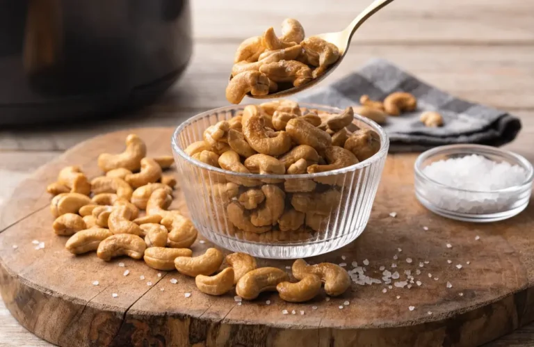Roasted cashews made in the air fryer with golden toasted cashews in a glass bowl, coarse sea salt, and extra nuts scattered on a wooden surface, ready as a crunchy homemade snack.