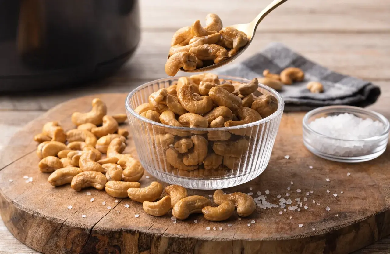 Roasted cashews made in the air fryer with golden toasted cashews in a glass bowl, coarse sea salt, and extra nuts scattered on a wooden surface, ready as a crunchy homemade snack.