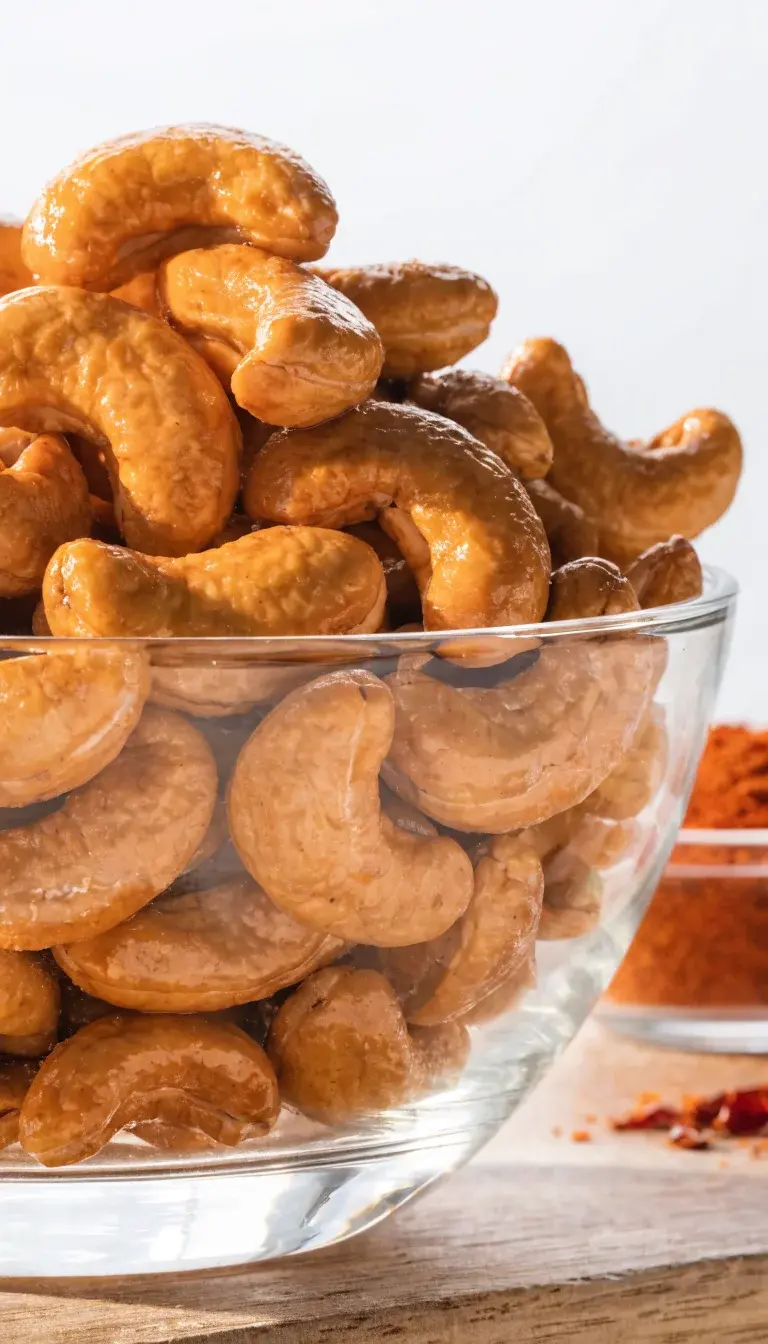 Prompt 1: Golden roasted cashews in a clear glass bowl, tossed with a light sheen of oil and a subtle salt sparkle. Show a shallow depth of field with the focus on the glossy cashews, highlighting their even, crisp edges. Include a small ramekin of paprika and a pinch of chili powder in the background for color contrast. Natural light from a side window, neutral wooden surface, clean white backdrop, no people.
