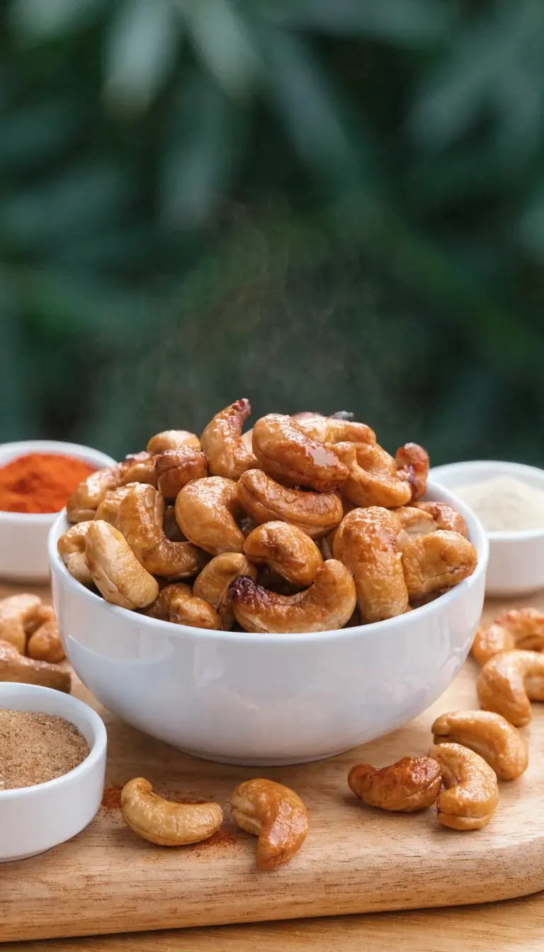 Prompt 3: Final presentation trio: a white ceramic bowl of perfectly roasted cashews with a few scattered on a minimalist wooden board, surrounded by small bowls of optional seasonings (paprika, garlic powder, cinnamon sugar). Include a hint of steam or aroma implied by a faint, warm glow to suggest scent, while maintaining a crisp, glossy finish on the nuts. Use natural light, clean composition, no people, minimal props to keep focus on the texture and color variety (light golden to deep amber).