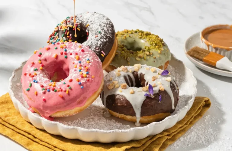 Air fryer donuts with colorful pink, chocolate, vanilla, and pistachio glazes, festive sprinkles, chopped nuts, and powdered sugar, served as a homemade sweet breakfast or dessert.