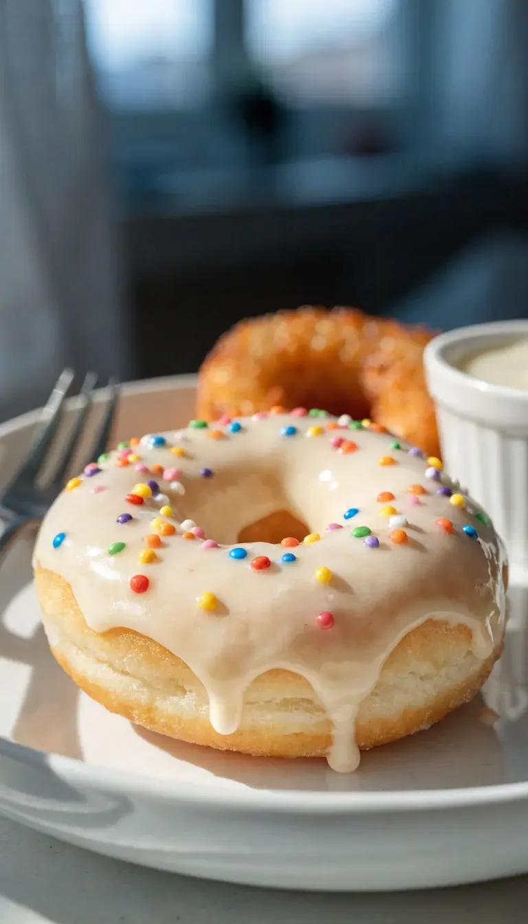 A close-up on a glossy glaze-dusted air fryer donut resting on a matte white plate. The donut is perfectly pale with a delicate sugar glaze dripping slightly down the sides, a few colorful sprinkles for a pop of color, and a shallow depth of field that blurs a crisp air-fried crust in the background. Natural window light from the left, soft shadows, clean neutral background, minimal props (just a fork and a small ramekin of glaze) to keep focus on the donut.