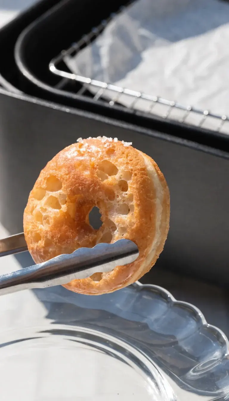 A side-angle shot of a single glazed donut being lifted from a glass plate with a pair of tongs, showing the donut’s airy interior and crisp exterior. The glaze catches the light for a glossy finish, tiny air pockets visible through the dough, and a few granules of sea salt or citrus zest on top for texture. Background features a blurred air fryer basket and parchment-lined tray to imply the cooking method, but remains out of focus to keep the donut as the star, using natural daylight and a shallow depth of field for a mouth-watering, studio-quality look.