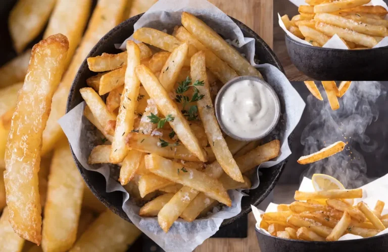 Homemade French fries made in the air fryer with crispy golden potato fries, flaky sea salt, fresh herbs, and a creamy dipping sauce, served as a classic snack or side dish.