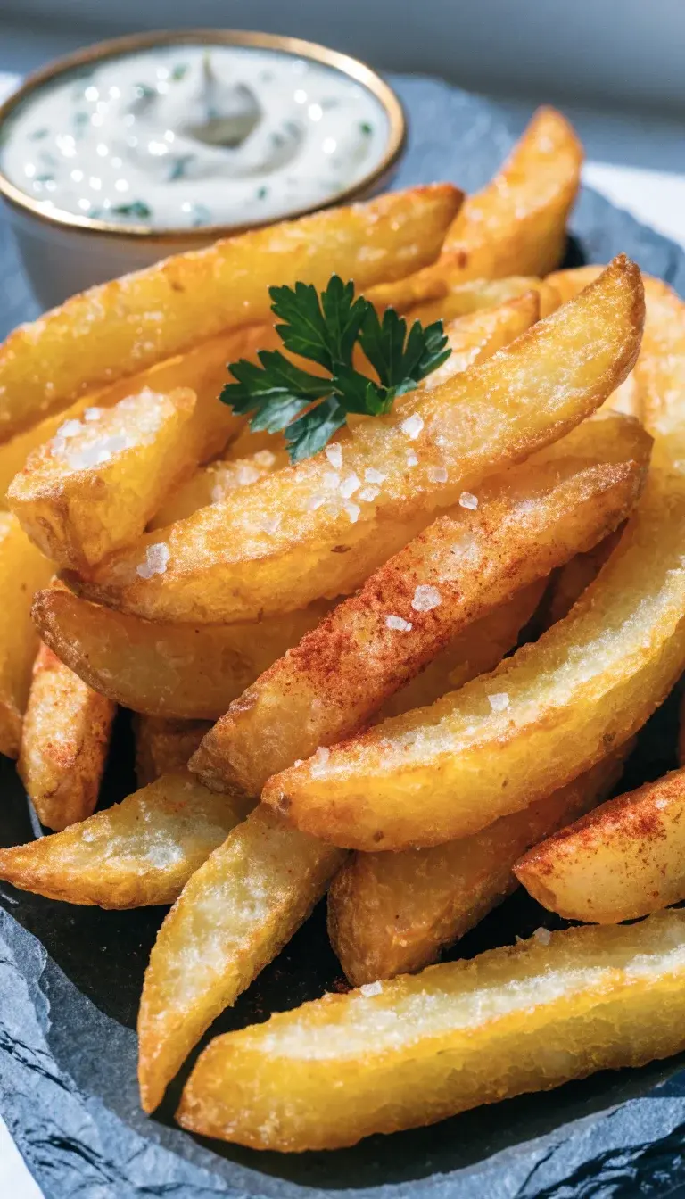 Golden air-fried potato fries arranged in a rustic slate-lined tray. Close-up macro shot showing crisp, lightly salted exterior with a fluffy interior peeking through. Include a small ramekin of garlic herb dip visible in the background, a whisper of paprika dusting on some fries for color, and a sprig of parsley for verde accents. Natural window light, shallow depth of field, clean white backdrop just beyond the tray to emphasize the fries’ texture and glow.