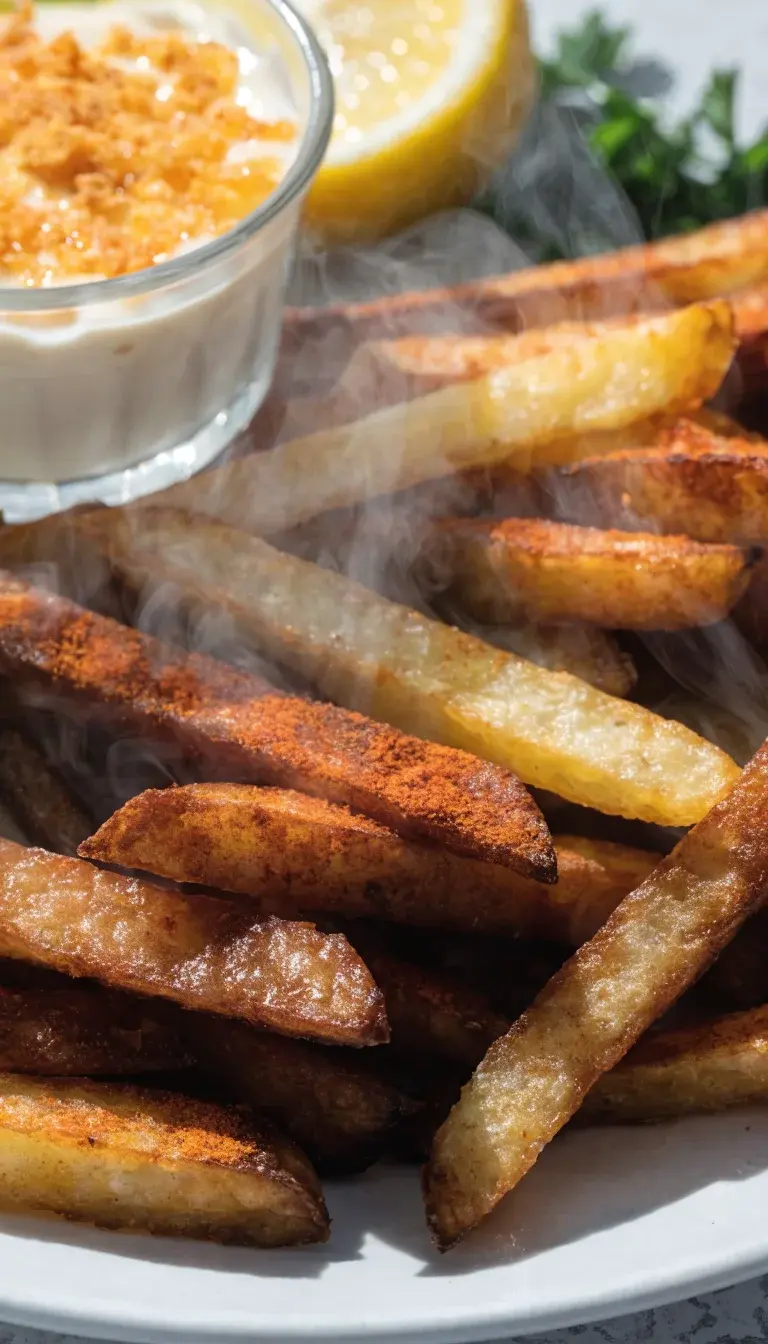 Studio-style close-up of a plate of air-fryer fries piled high next to a crisp, golden crust dipping sauce cup. Emphasize the contrast between exterior crunch and soft interior by a segmented focus: foreground fries sharp and dusted with paprika, mid-ground shows steam-soft interior, background hints of fresh herbs (parsley) and a lemon wedge for brightness. Use natural light to enhance the sheen on the oil-free fry surface, a clean white plate, and a neutral textured table to make the fries appear irresistibly addictive.