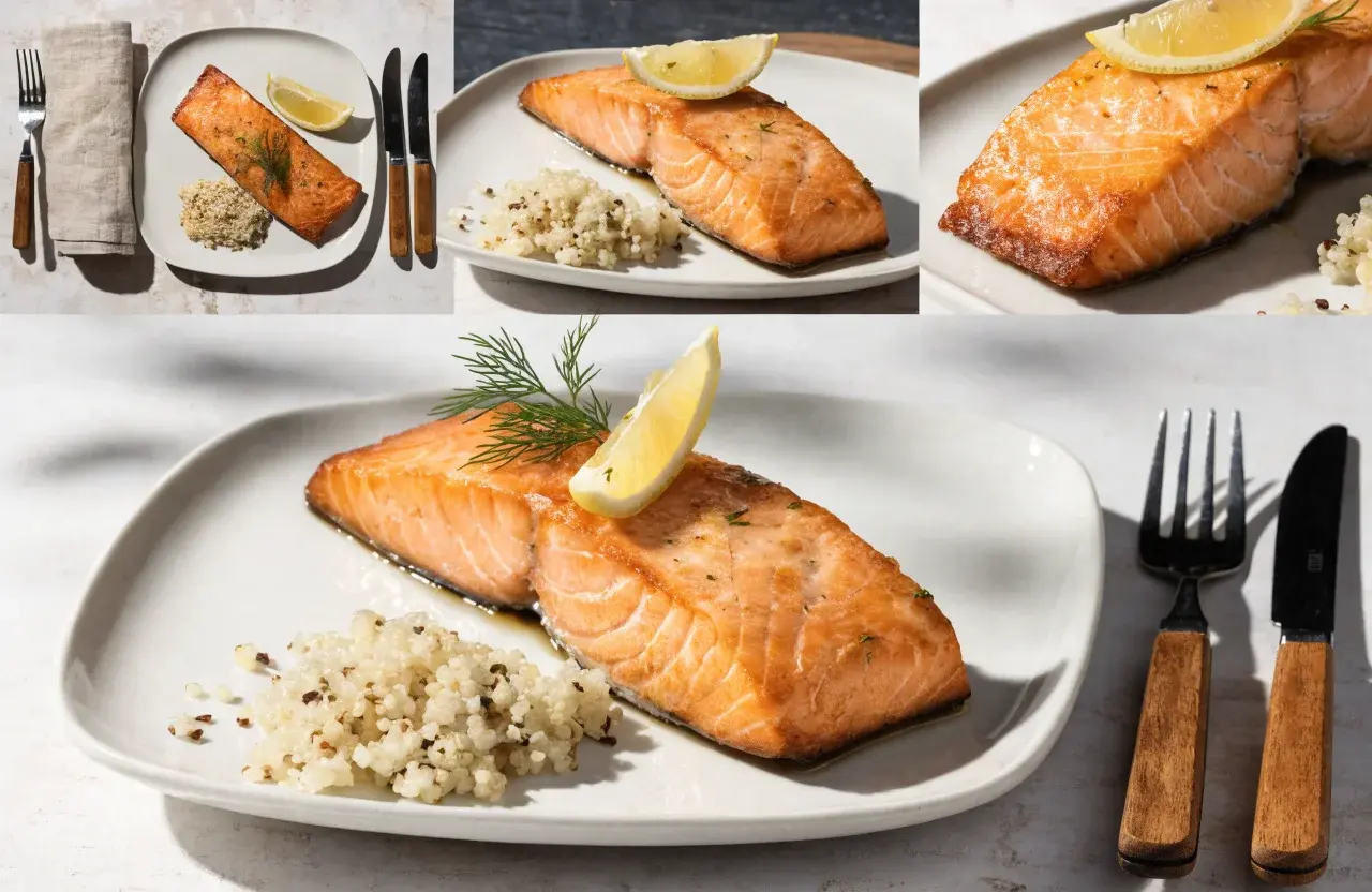 Reheated salmon in the air fryer with a flaky tender salmon fillet, fresh dill, lemon wedge, and rice, served as an easy way to refresh leftover salmon without drying it out.