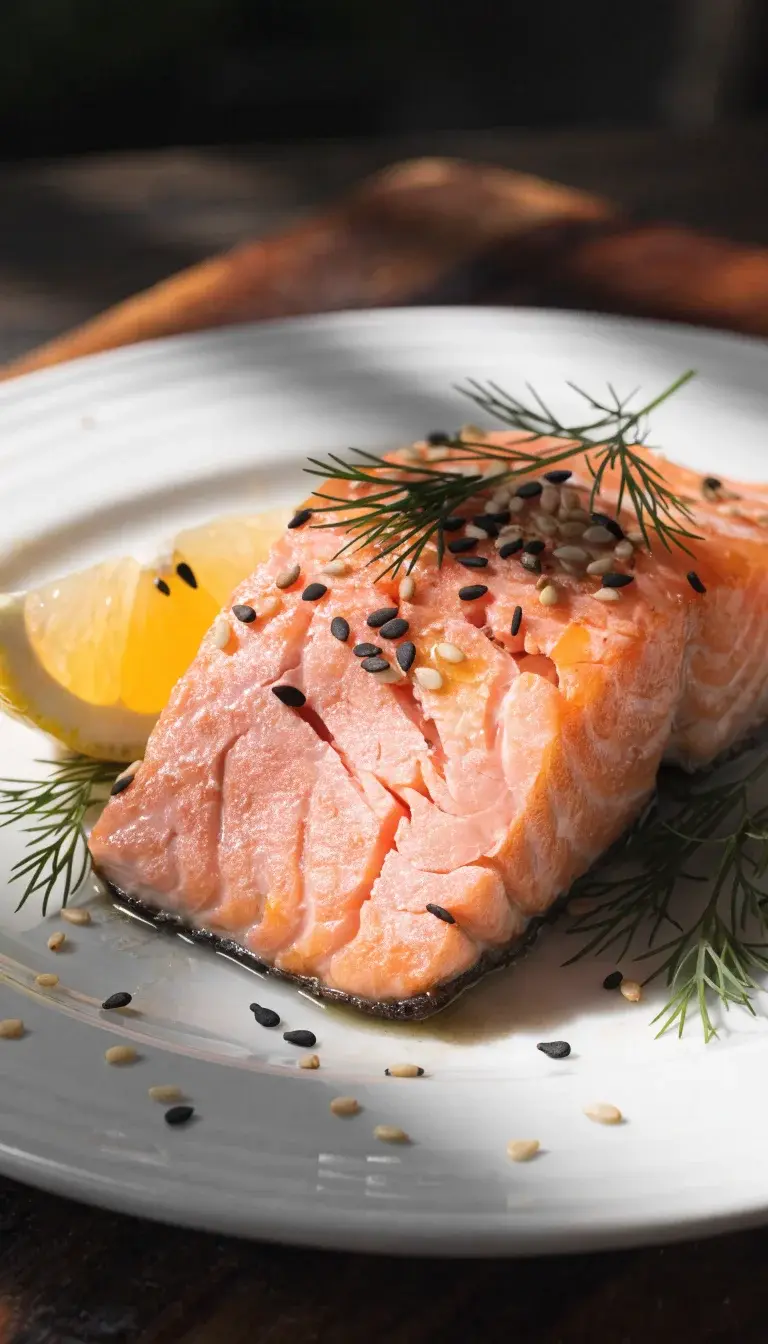 A close-up food photograph of a reheated salmon fillet resting on a white ceramic plate, flaky pink interior and lightly crisped edges, garnished with a lemon wedge and fresh dill sprigs, sesame seeds sprinkled for texture, subtle olive oil sheen catching natural window light, shallow depth of field to blur the background, clean wooden board backdrop, high-contrast, studio-quality realism.