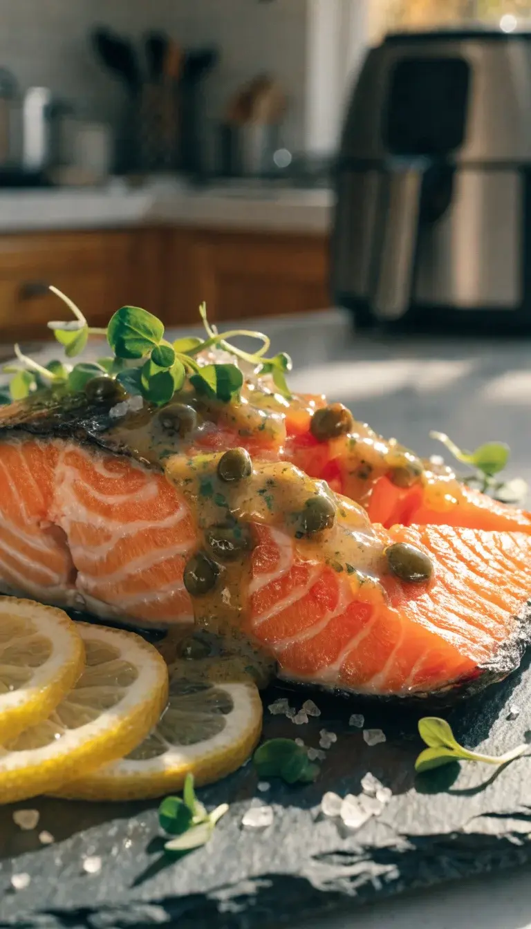 Close, side-angle shot of a sliced salmon portion on a rustic slate board, drizzle of lemon-caper sauce, microgreens scattered for color, salt flakes catching the light, a few lemon slices fanned nearby, soft-focus kitchen counter and air fryer in the blurred background to imply method, vibrant yet natural color balance, professional food photography styling.