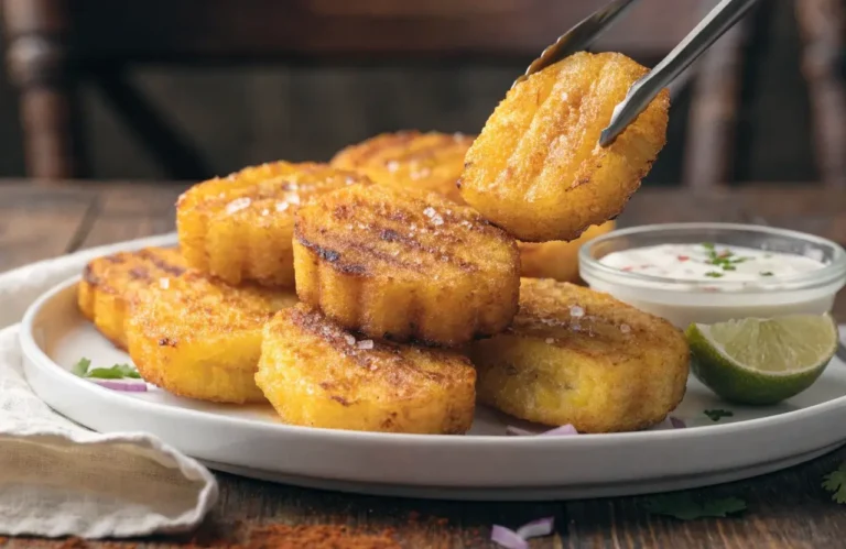 Air fryer tostones with crispy golden fried plantain slices, flaky sea salt, lime wedges, and a creamy dipping sauce, served as a crunchy Caribbean inspired appetizer or side dish.