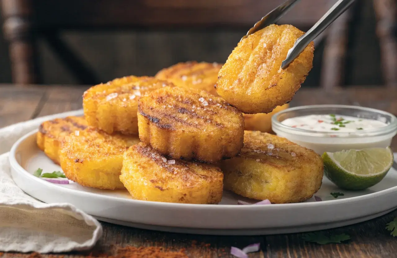 Air fryer tostones with crispy golden fried plantain slices, flaky sea salt, lime wedges, and a creamy dipping sauce, served as a crunchy Caribbean inspired appetizer or side dish.