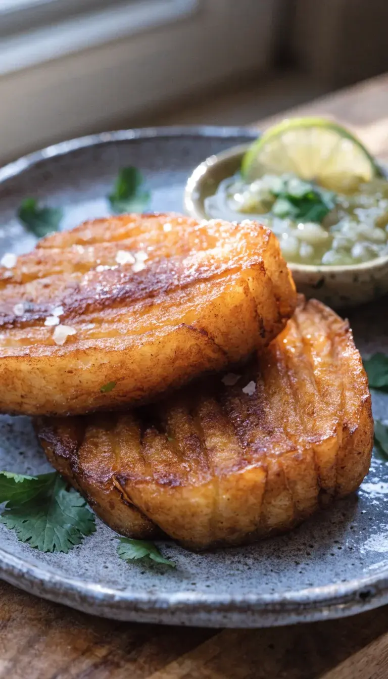 Close-up macro of air-fried tostones: two thick plantain slices crisply golden brown with a delicate ripple texture, a light dusting of flaky sea salt and a whisper of olive oil sheen. Plate on a rustic wooden board, natural daylight streaming from the side, shallow depth of field to blur the background, with a small dish of garlic-lime dipping sauce and a few torn cilantro leaves for a fresh green pop.