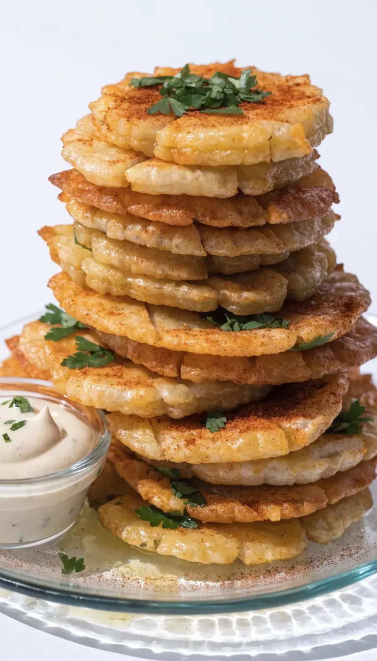 Studio-style still life: a single glass plate with a pyramid stack of perfectly crisp tostones, each piece showing crisp edges and a soft interior, garnished with fresh chopped parsley and a light paprika dusting for color contrast. Surround with a light drizzle of lime-infused oil on the plate, a small ramekin of homemade garlic-lime dipping sauce, and a subtle shadow to add depth. Shoot with high-key natural light, white background, and macro lens to accentuate the air-fryer crisp texture.