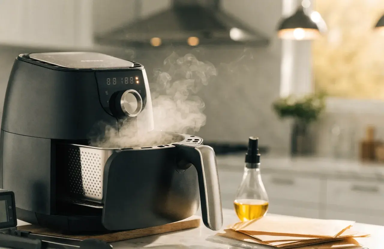 Air fryer preheating with steam rising from the open basket, digital controls, and a bottle of cooking oil nearby, demonstrating how to preheat an air fryer before cooking.