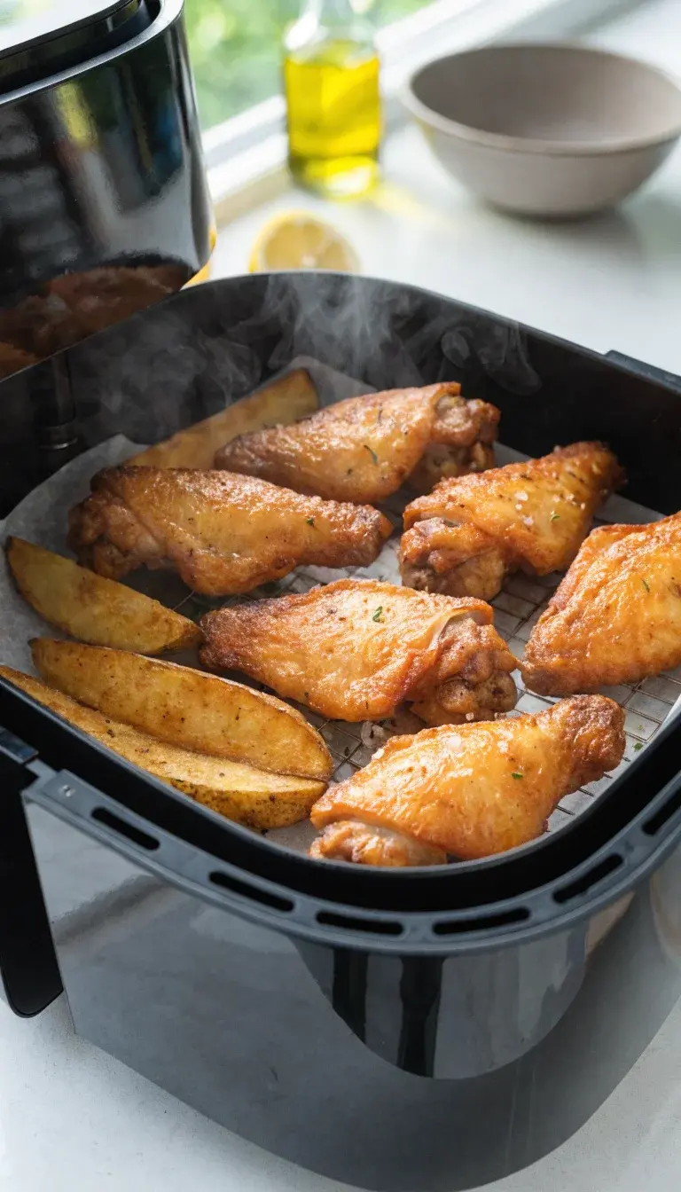 A pristine kitchen scene of a glossy air fryer opened mid-preheat on a clean white countertop. Inside, golden-brown air-fried chicken wings and crisp potato wedges arranged neatly on a parchment-lined tray, with a light citrus-herb seasoning visible on the surface. The basket’s mesh adds texture, while subtle steam rises to imply active preheating. Natural window light from the left casts soft shadows, clean minimal props (neutral bowl, small bottle of olive oil, a lemon half) in the background to keep focus on the food. Capture macro detail of blistered Maillard browning on the wings and the crunchy edges of the potatoes.