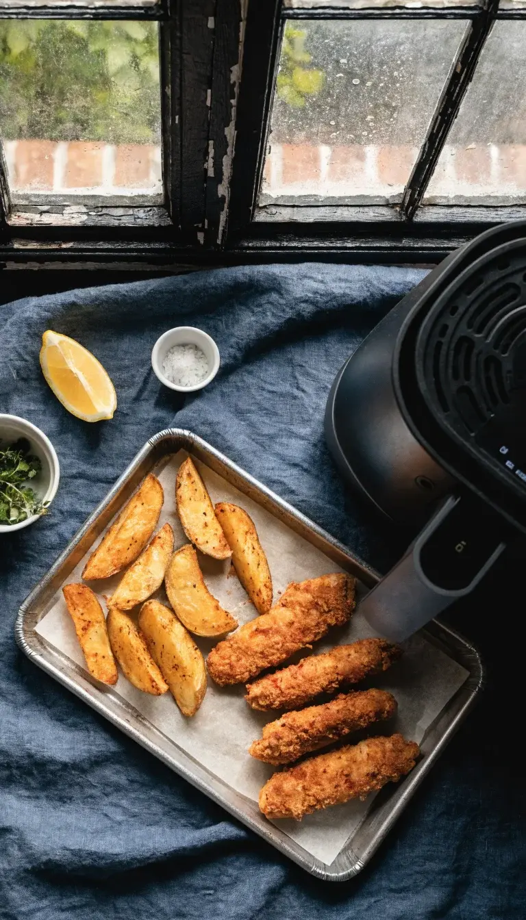 Overhead flat lay of a fully assembled preheating-ready setup: a sheet pan lined with parchment paper holding battered potato wedges and seasoned chicken tenders just before transfer, plus a small ramekin of fresh herbs (parsley and thyme), a lemon wedge, and a pinch bowl of flaky sea salt. The air fryer sits nearby with its preheat indicator glowing faintly. Soft, natural light from a nearby window creates gentle shadows; the composition uses negative space to emphasize the food’s textures—flaky crust, crisp edges, and juicy interiors—ready to go into the preheated air fryer.