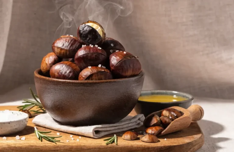 Roasted chestnuts made in the air fryer with scored chestnuts in a rustic bowl, warm steam, rosemary sprigs, and coarse salt, served as a cozy homemade snack.