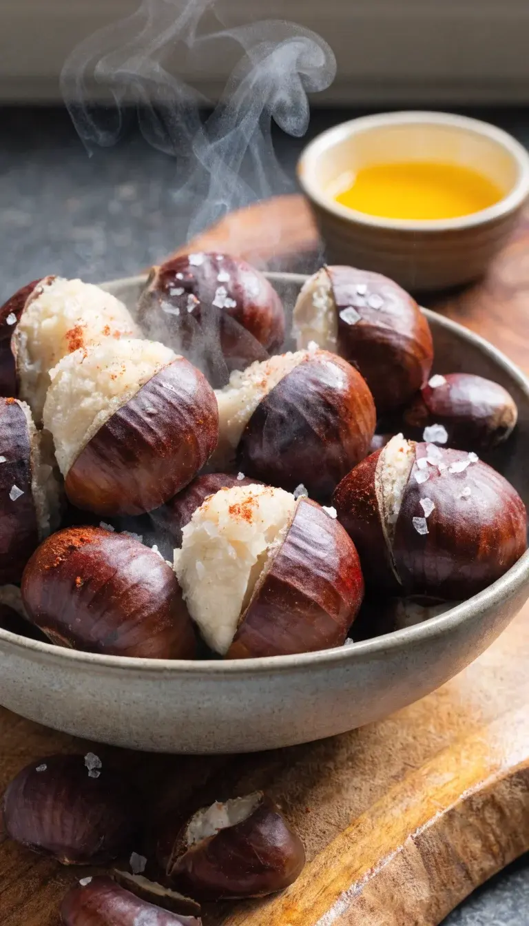 A close-up studio-style shot of freshly roasted chestnuts in a matte ceramic bowl with a few cracked open to reveal creamy, steaming interiors. Scatter sea salt flakes and a pinch of smoked paprika on the chestnuts. Natural light from a window to the left creates gentle shadows and highlights the glossy, slightly oily skins. Include a wooden cutting board underneath with a few loose chestnuts spilling over, and a small ramekin of melted butter in the background for a subtle gloss.