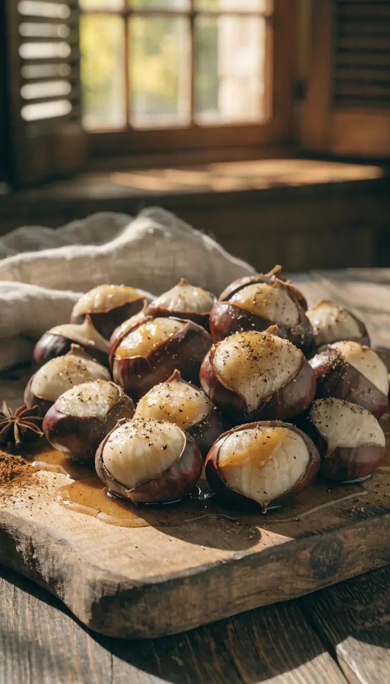 Rustic still life showing the moment of serving: cracked chestnuts on a vintage wooden board with a sprinkle of cracked black pepper and a thin drizzle of browned butter pooling beside them. Include a small line of cinnamon and star anise for aroma hints, and a linen napkin softly folded in the background. The chestnuts should look irresistibly glossy with crisp skins; light from a fisherman’s-luncheon-style glow (warm, golden hour) to enhance caramel tones and create depth through subtle shadows. No people, pure food presentation.